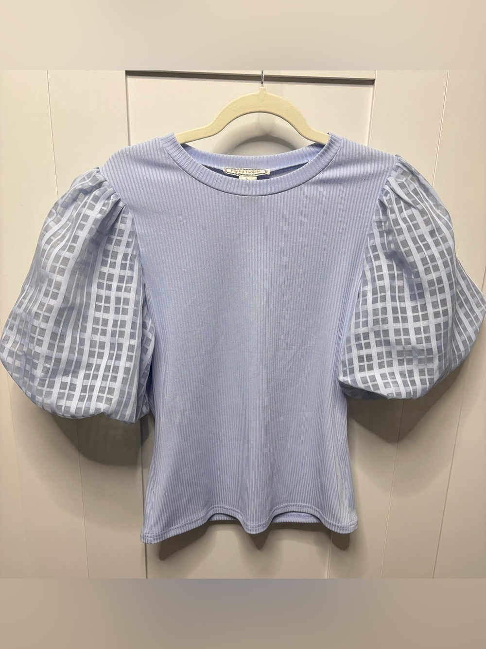 Flying Tomato Light Blue Ribbed Top with Puff Checked Sleeves - Picture 2 of 6